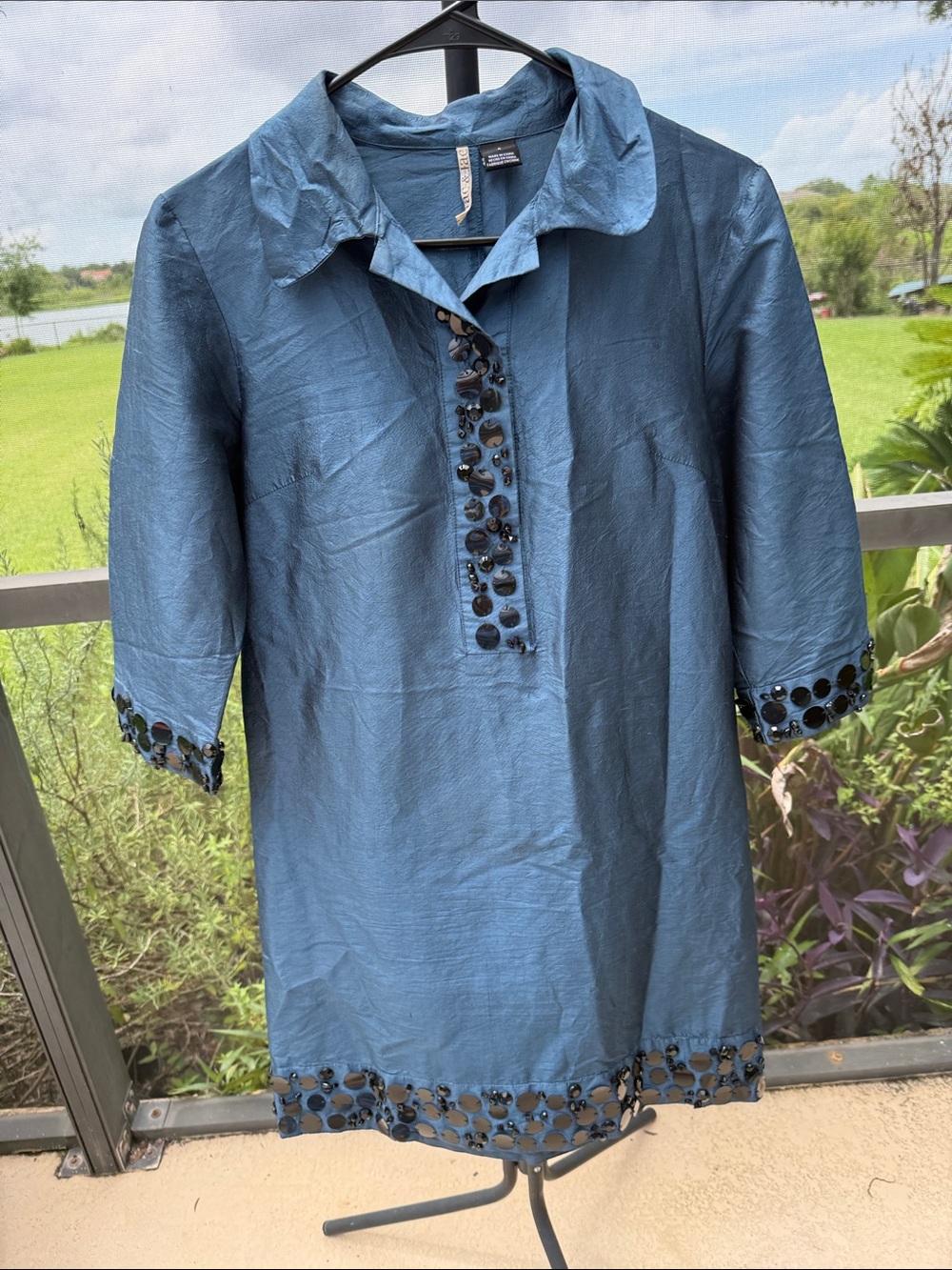 mac & jac Teal-Blue silk blend tunic/popover dress embellished Collar & hem